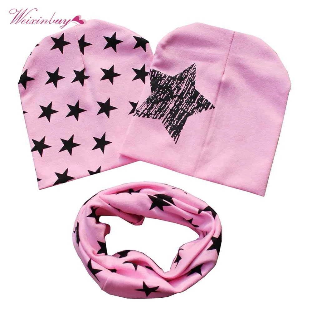 

WEIXINBUY Baby Hat Scarf Kids Cotton Hat Autumn Winter Children Scarf-collar Boys Girls Warm Beanies Star Print Infant Hats Sets