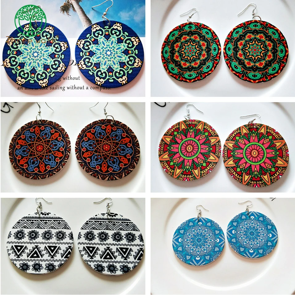 

1Pair Bohemia Wood Earrings Collections Printed Flower Pattern Handmade Dangle Earrings For Women