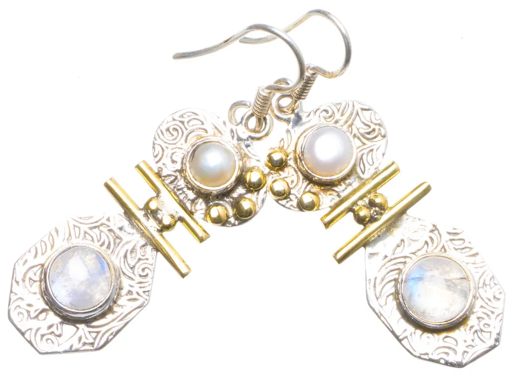 

Natural Rainbow Moonstone and River Pearl Handmade Unique 925 Sterling Silver Earrings 1.75" X4572