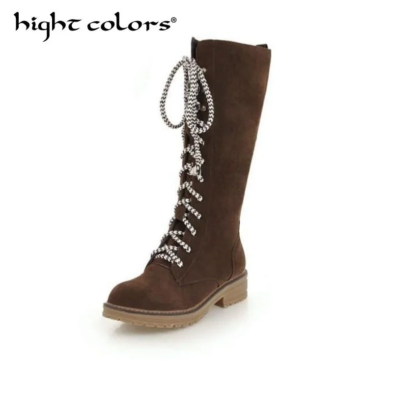 

Large Size 43 Lace Up Knee High Boots Thick Platform Motorcycle Boots For Women Martin Student Shoes Black Brown Beige
