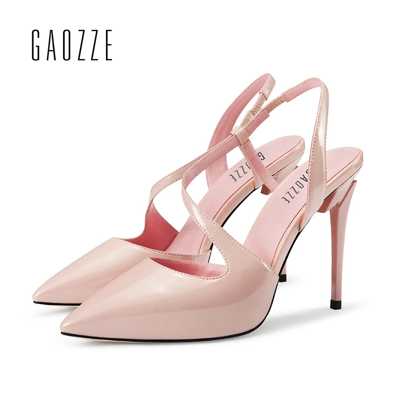 

Fashion Pointed Toe Patent Leather Sexy Thin High Heel Sandals Female Solid Color Elastic Band Back Strap Sandals For Women 2018