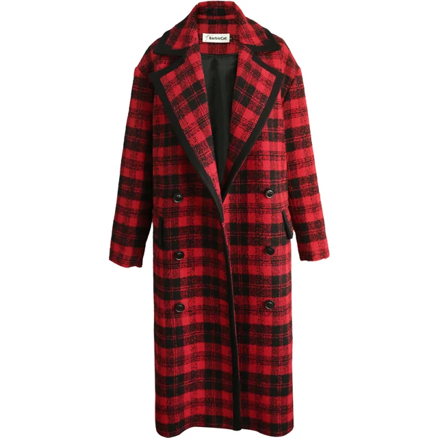 Buy Winter fashion Red plaid woolen coat long loose