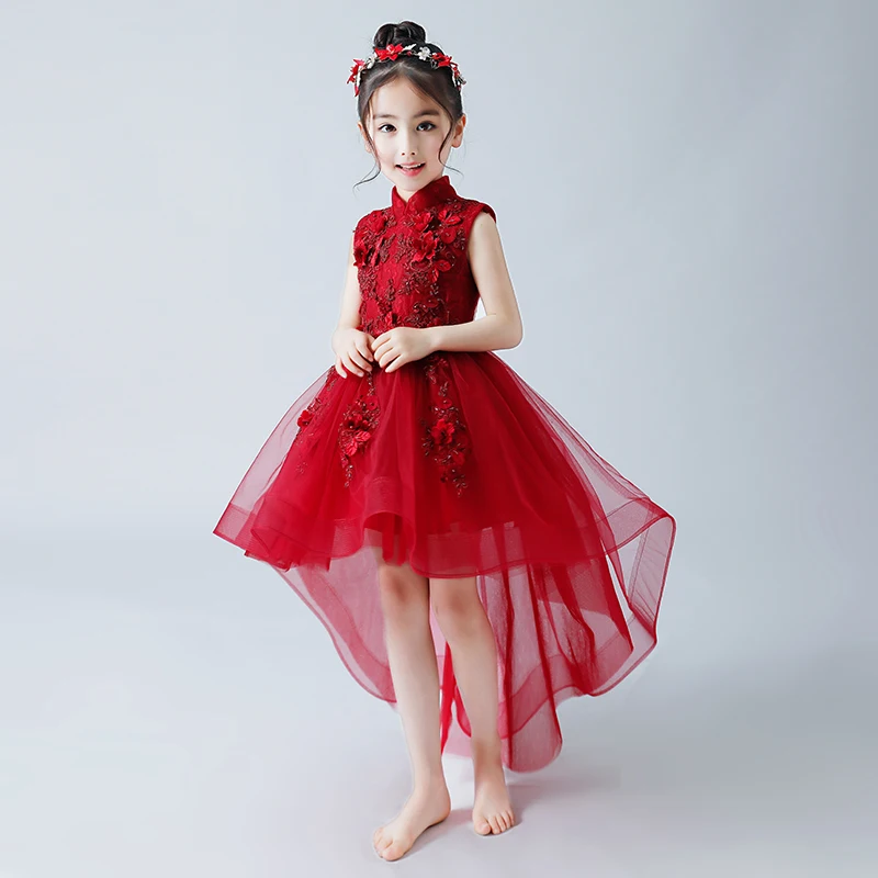 

Flower Girl Dresses for Wedding Stand Collar Princess Prom Dress Apliques Short Front Long Back Kids Pageant Dress for Birthday