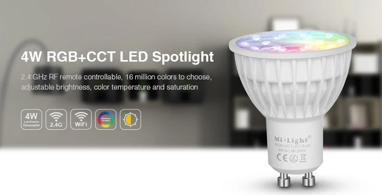 

MiLight 4W LED Bulb AC86-265V GU10 Dimmable LED Lamp Light RGB+Warm White+White (RGB+CCT Spotlight Indoor Living Room Decoration