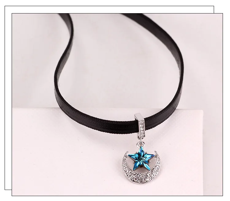 Австрийский кристалл луна и звезда кристалл короткое ожерелье с подвеской для женщин Стразы черное кожаное ожерелье очаровательные подарки