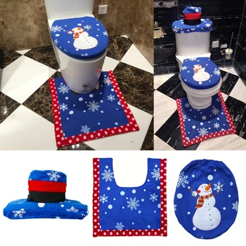 

Popualr Blue 3Pcs Set Santa Toilet Seat Cover Bathroom Set Xmas Decoration Home Christmas Supplies
