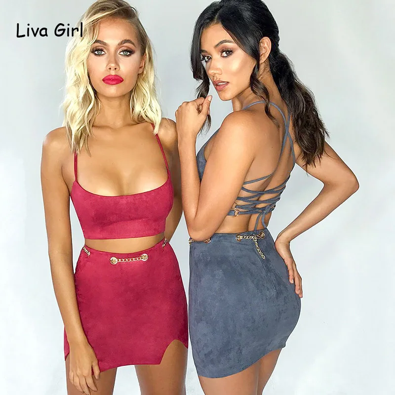 

2018 Sexy Backless Bandage Suede Leather Bodycon Dress Sleeveless Halter Chain Two Piece Set Dress Women Club Party Dresses