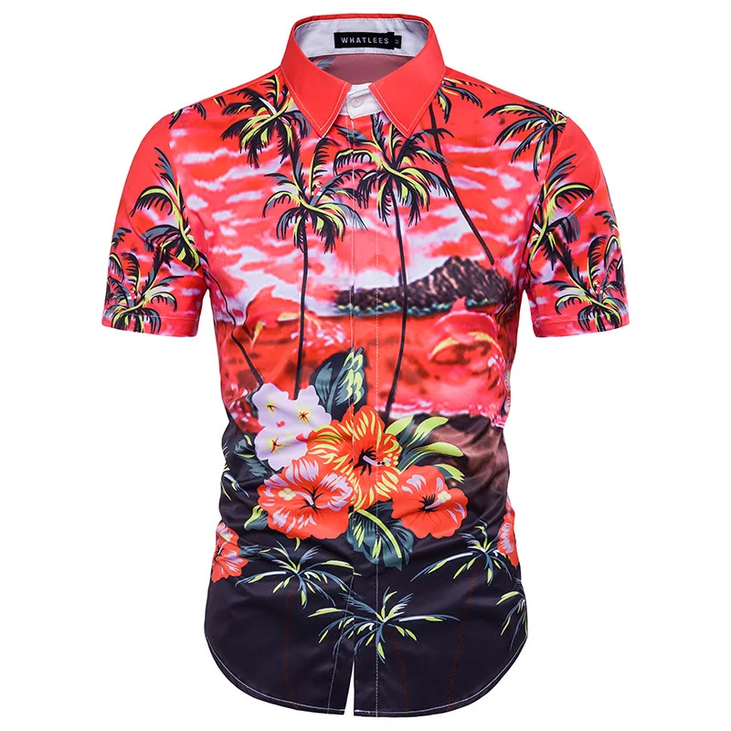 Летняя модная мужская приталенная гавайская рубашка, Повседневная пляжная рубашка на пуговицах с коротким рукавом и цветочным принтом пальмы