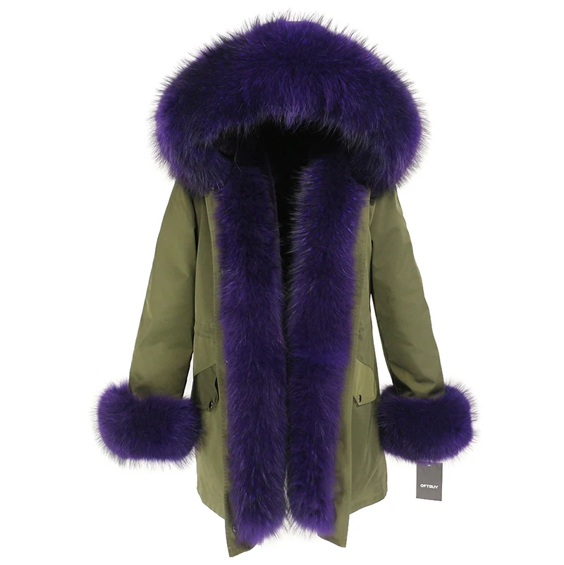 OFTBUY, пальто с натуральным мехом, зимняя куртка для женщин, натуральный мех енота, капюшон, водонепроницаемая, длинная парка, съемная, уличная одежда, роскошные парки, теплые - Цвет: green purple
