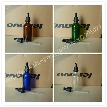 

100ml blue/green/clear/brown shiny Glass Essential Oil Bottle With black plastic anti-theft ring+white/black rubber dropper cap.