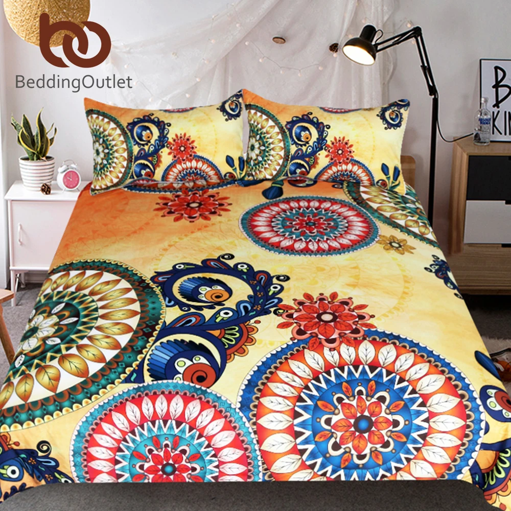 

BeddingOutlet Kaleidoscope Bedding Set Queen Bohemian Duvet Cover Ethnic Indian Bedclothes Mandala Flowers Bed Set 3-Piece