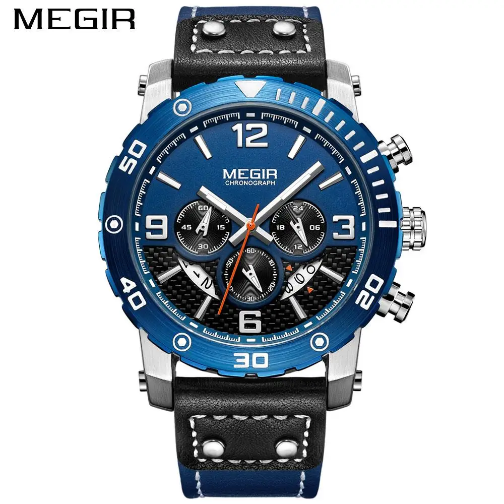 Megir Men's Watches Casual Luxury Luminous Watch Multiple Functions Genuine Leather Waterproof