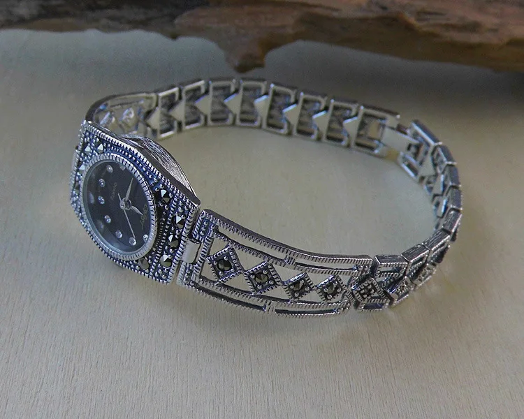 Серебряные ювелирные изделия S925 стерлингового серебра Ретро тайский серебряный черный золотой камень Модные женские серебряные часы съемный раздел браслет