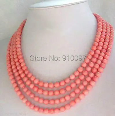 

LHX54013>>>>Fashion jewelry 4 Strands 5mm Pink Coral Necklace 17-20