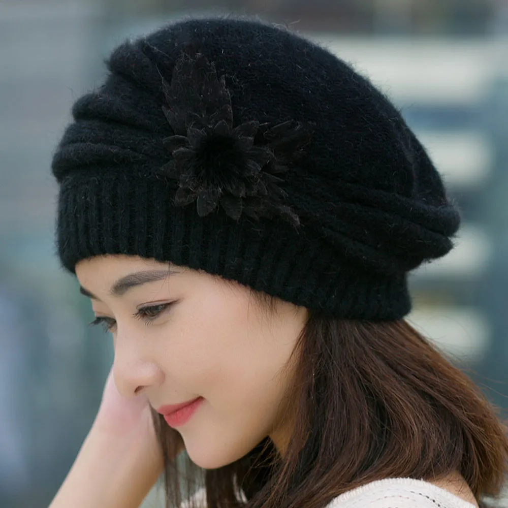 Women Beret Fashion Womens Flower Knit Crochet Beanie Hat Winter Warm