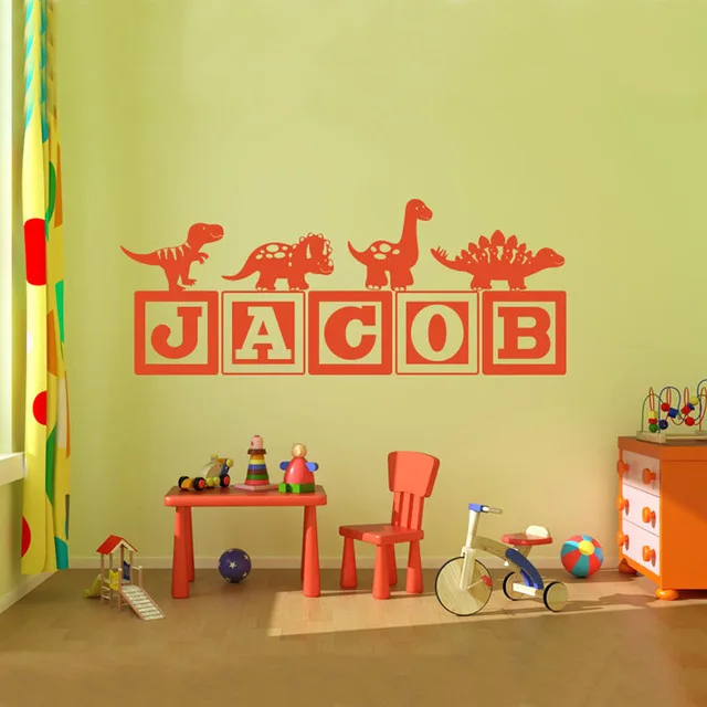 Абсолютно новая наклейка на стену с изображением динозавра для мальчиков, Детская виниловая наклейка на стену, декор на стену-вы выбираете имя и цвет