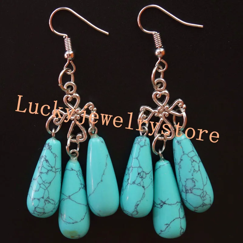 

(Min.order 10$ mix) YUTENG Tibetan Silver Cross & Blue Turquoises Teardrop Dangle Drop Earrings DF07