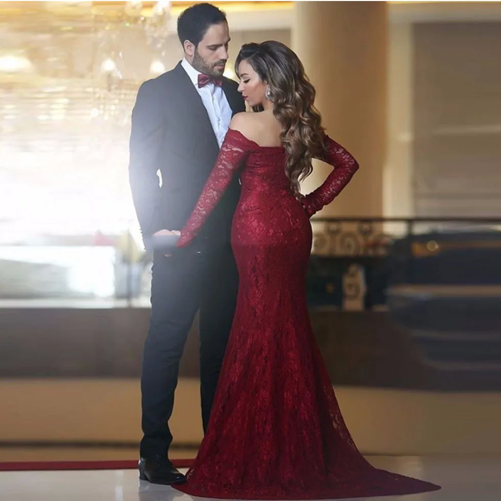 Elegante Vino Tinto Sirena Vestidos de Noche de Dubai Árabes Vestidos de  Noche Del Cuello Del Barco de Manga Larga Con Cremallera Encaje Formal  Vestido de Fiesta 2017|mermaid evening dresses long|mermaid evening