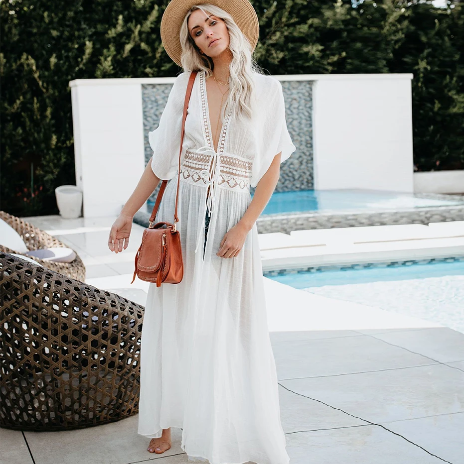 KHALEE YOSE Summer Beach Maxi Dress Holiday Casual Long Boho Dresses Crochet Tie Up Sheer Hippie Gypsy Sexy Chic Dress Women