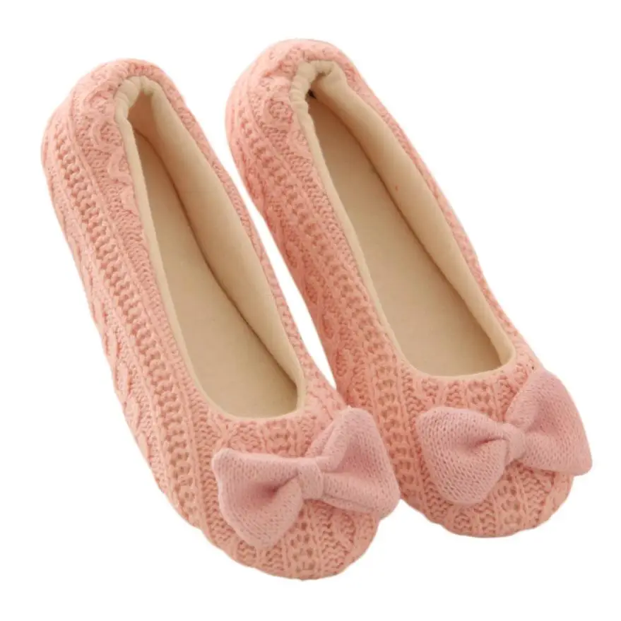 Women Casual Shoes Knitting Solid Home Flat Bowknot Female Cashmere Warm Shoes Zapatos calientes 1025