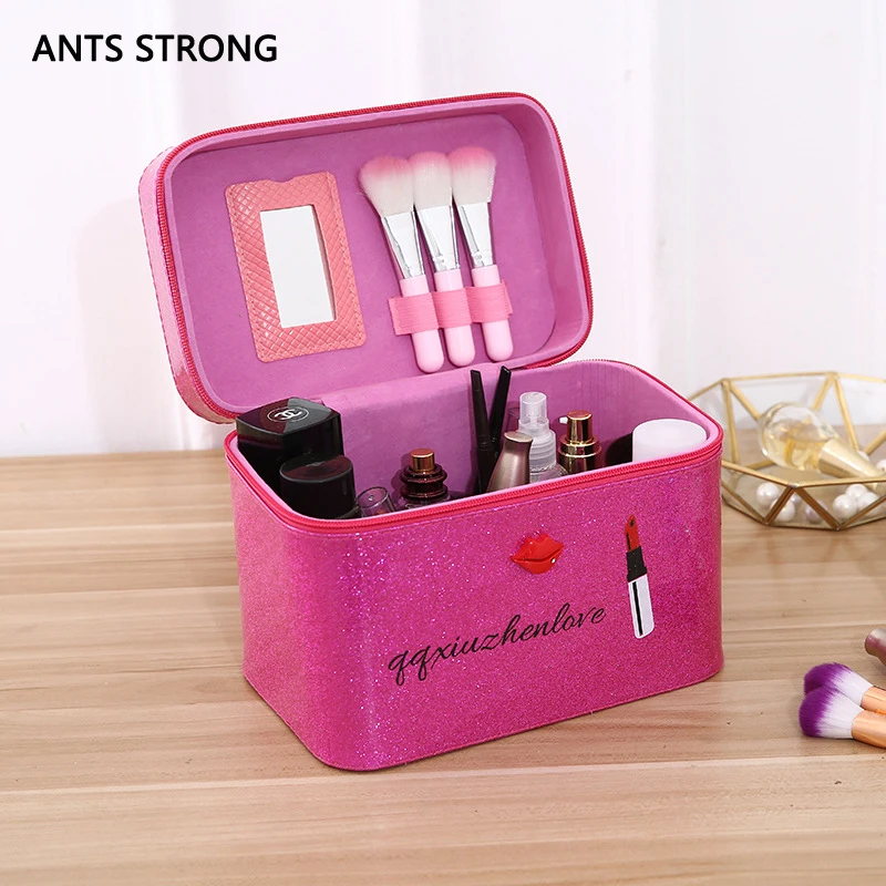

ANTS STRONG Fashion PU Leather Travel cosmetic suitcases/Portable shiny suitcase makeup case organizer Brush storage box