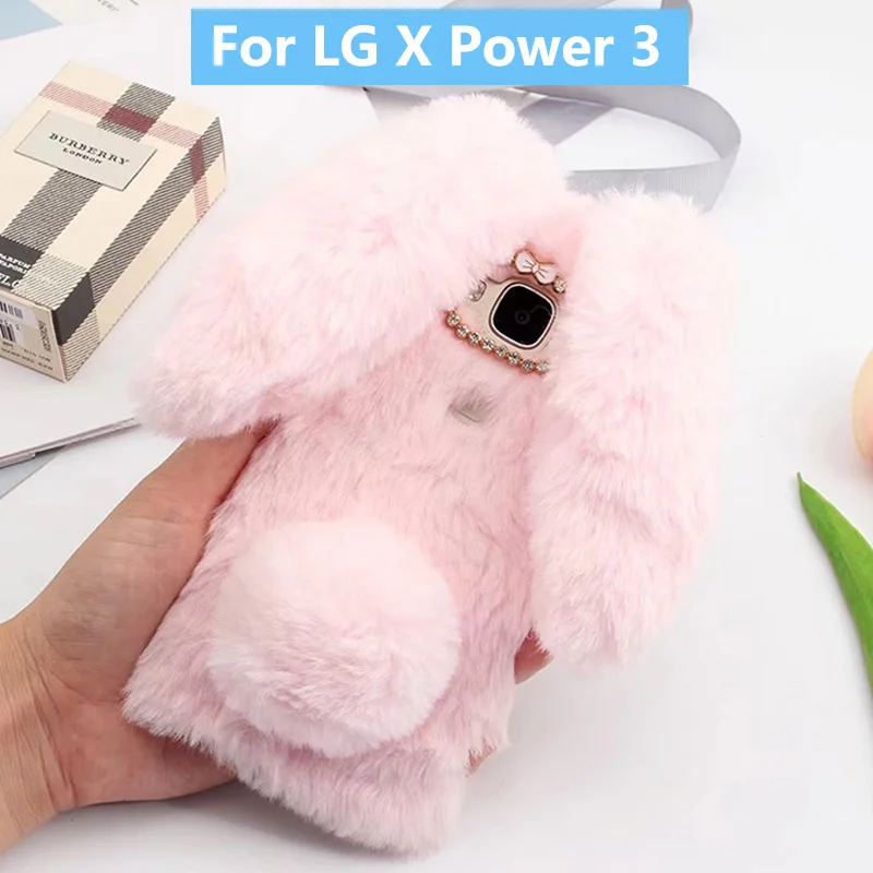 Чехол плюшевый кролик для LG X power 3 мягкий мех милый 3D уши кролика ТПУ блестящий бриллиантовый пушистый чехол для телефона чехол для LG X5