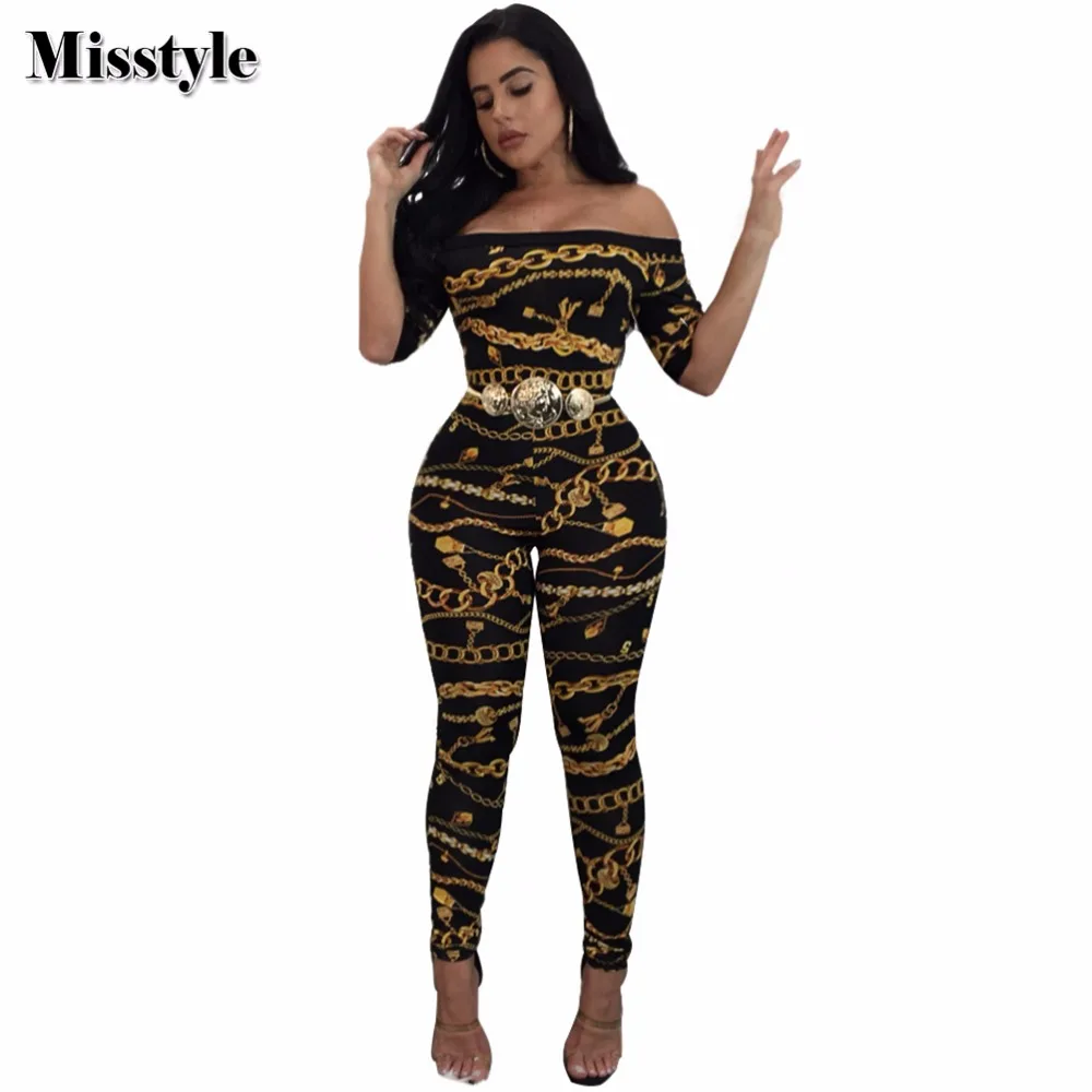 Misstyle Chain Slash Neck Jumpsuit Casual Women Pattern Empire Waist