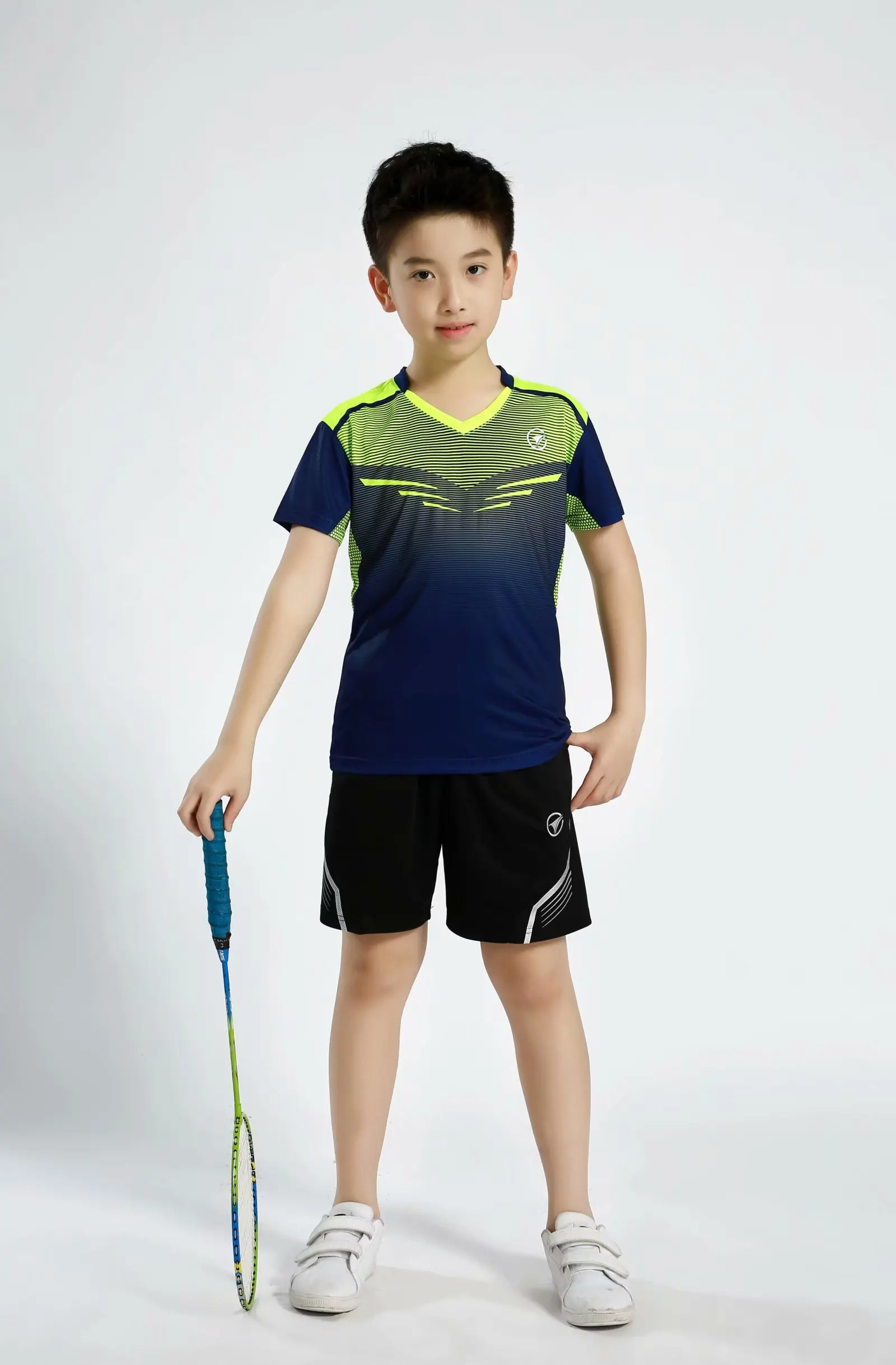 Детские футболки, комплекты для мальчиков и девочек, для игры в настольный теннис, для игры в пинг-понг, Спортивная быстросохнущая дышащая детская футболка для бадминтона+ шорты, комплекты - Цвет: B120 Blue