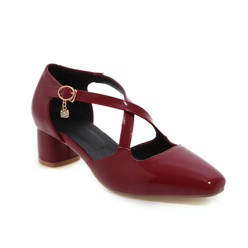 YMECHIC/большой размер, белые свадебные туфли для невесты, летние желтые, черные вечерние туфли на массивном каблуке с перекрестными ремешками, женские туфли-лодочки - Цвет: Красный