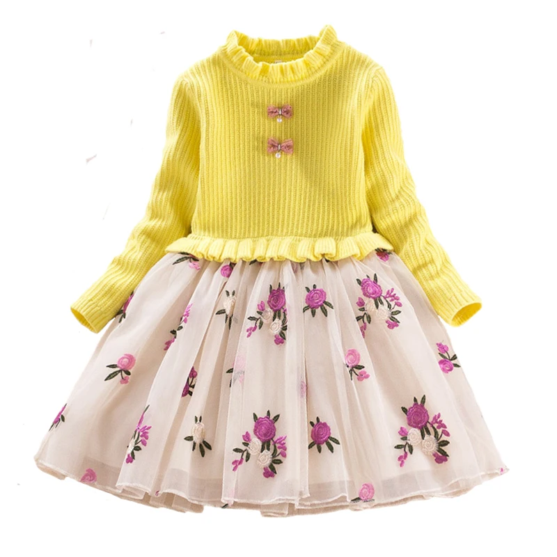 

Fashion Autumn Winter Kids Dresses for Girls Knitting Dress Cotton Warm Long Sleeve Lace Costume for Children Princess Clothing