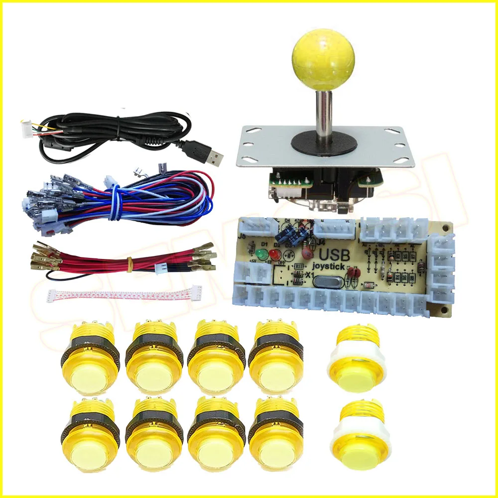 Аркадные наборы DIY части 5Pin джойстик+ 2x24 мм+ 8x30 мм 5 в светодиодный с подсветкой кнопочные ноль задержки USB энкодер для ПК аркадная игра - Цвет: Цвет: желтый