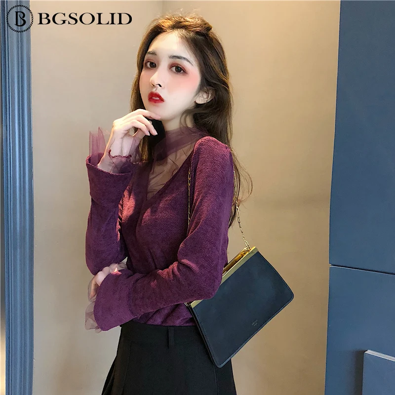 New spring 2019 stand-up lace mesh undershirt with long sleeves slim and sexy v-neck |