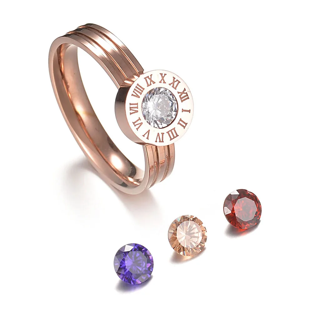

Love Screw Crystal Stone Roman Numerals Ring Jewelry 4 Color Stone Interchangeable Ring Stainless Steel Ring for woman