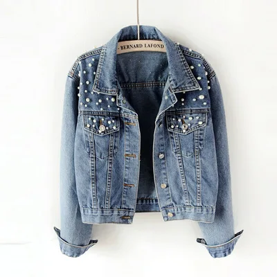 Vintage Pearl Short Denim Jackets Women Beading Loose Coat Long-Sleeve For Girl Casual Jean Jacket Bomber Oversized Coat - Цвет: Blue