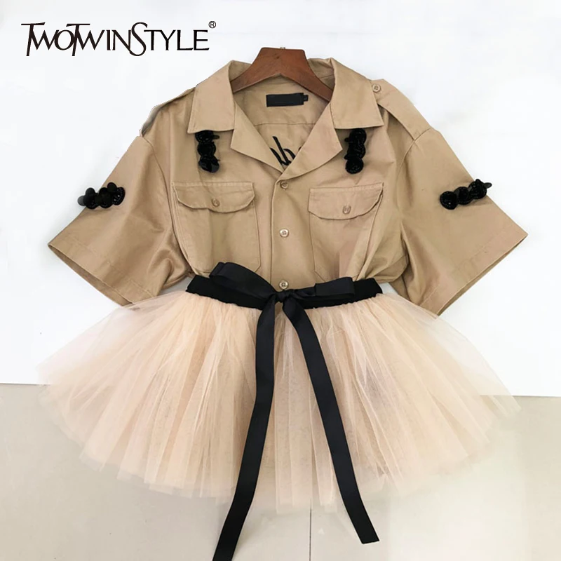 

TWOTWINSTYLE Embroidery Print Blouse Women Lapel Half Sleeve Tunic Mesh Lace Up Patchwork Female Shirt 2019 Spring Casual