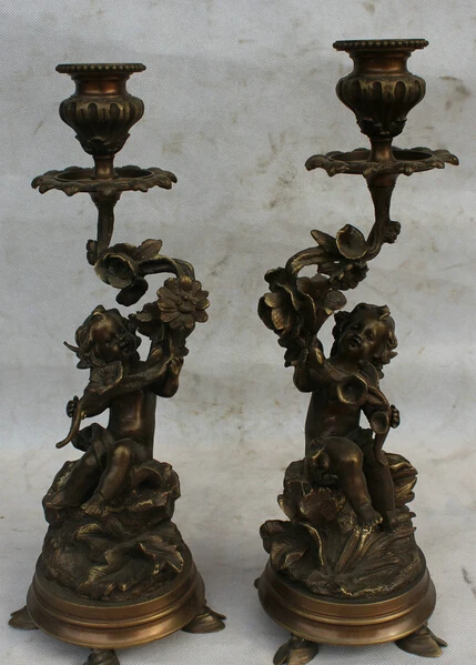 

JP S0524 12" Chinese Bronze Angel Boy Lad Girl Gal Statue Candle Holder Candlestick Pair