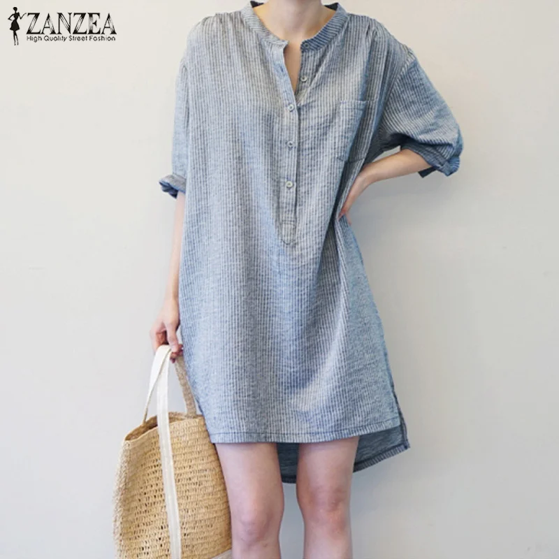 

2019 Autumn ZANZEA Women O Neck Long Sleeve Striped Loose Casual Work OL Long Shirt Dress Summer Cotton Linen Mini Vestido S-5XL
