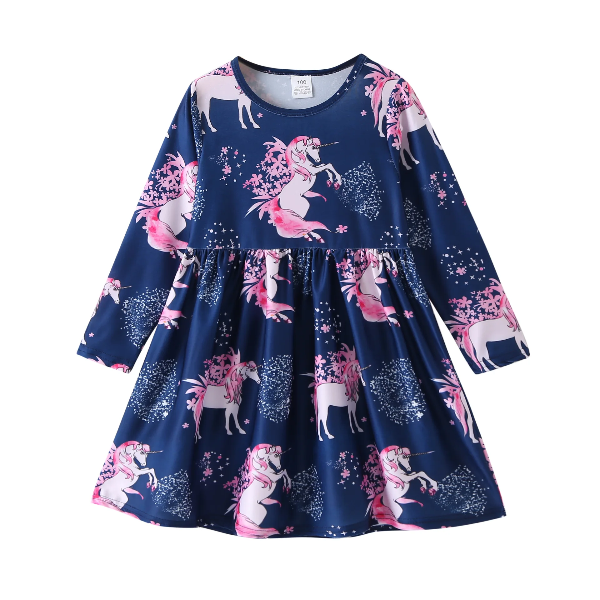 

Newest Girls Dress Princess Autumn Kids Dresses for Baby Girls Clothes Long Sleeve Horse Printed Sleevel Solid Children Clothing