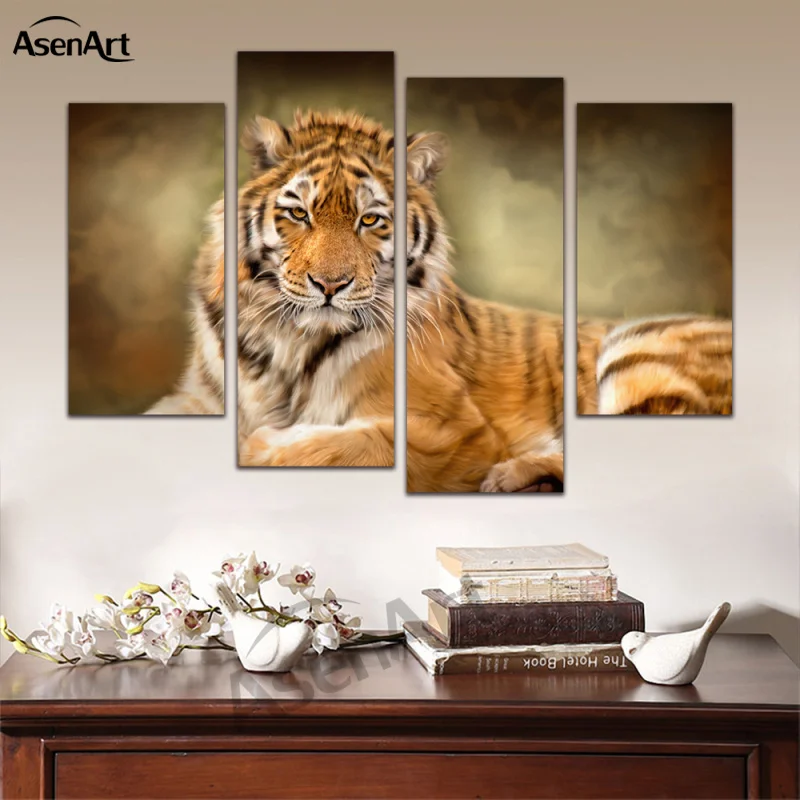 4 Panel Pictures Wolf Tiger Painting Animal Print on Canvas Home