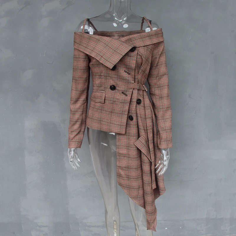 Cena TWOTWINSTYLE Off Shoulder Plaid Blazer kurtka damska głęboki dekolt z długim rękawem nieregularne brzegi Plus rozmiar płaszcze damskie moda jesień