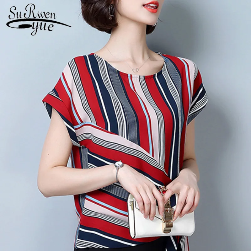 

blusas mujer de moda 2019 women blouses 4XL plus size tops striped chiffon blouse women shirts short sleeve women tops 0620 40