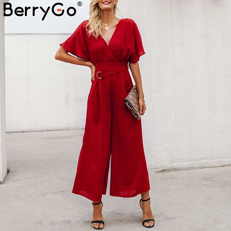 BerryGo красный комбинезон с рюшами на рукавах женский сексуальный глубокий v