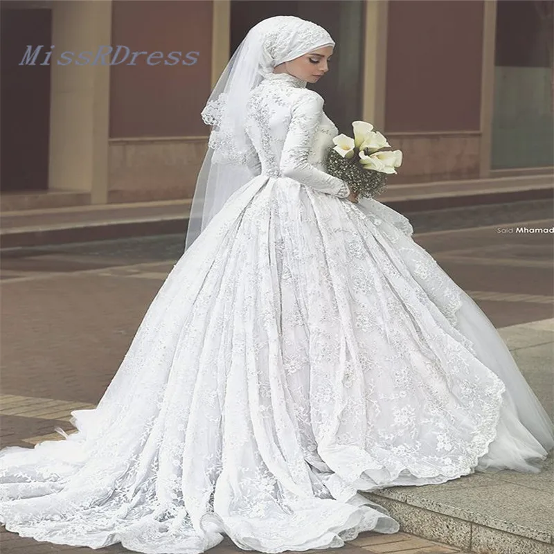 2017 Gorgeous Ball Gown High Collar Muslim font b Hijab b font Bridal Wedding Dress Lace