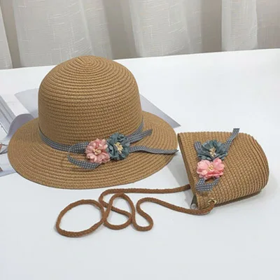 MAERSHEI для маленьких девочек соломенная шляпа от солнца Мода цветок лук милые дети пляжная шляпа детская шапочка маленькая сумка набор 4 цвета - Цвет: Khaki 3