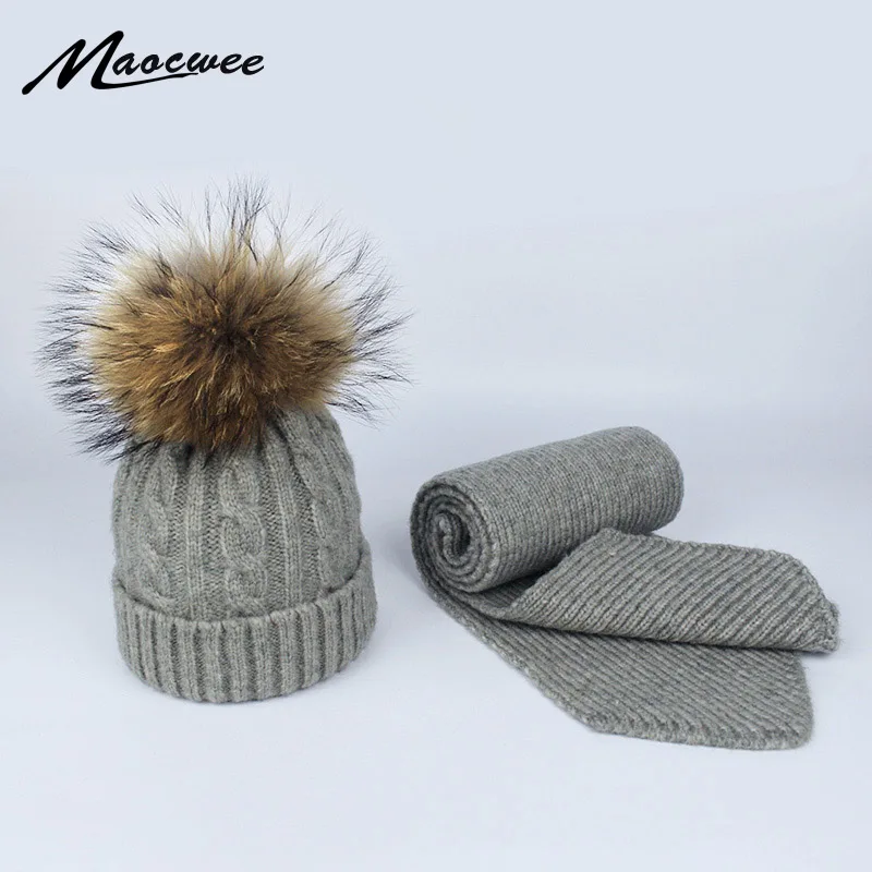 

Children Winter Warm Wool Thick Knit Beanie Hats Scarves Skullies Real Fur Pom Pom Hat Scarf Set for Child girls boys 0-3 years