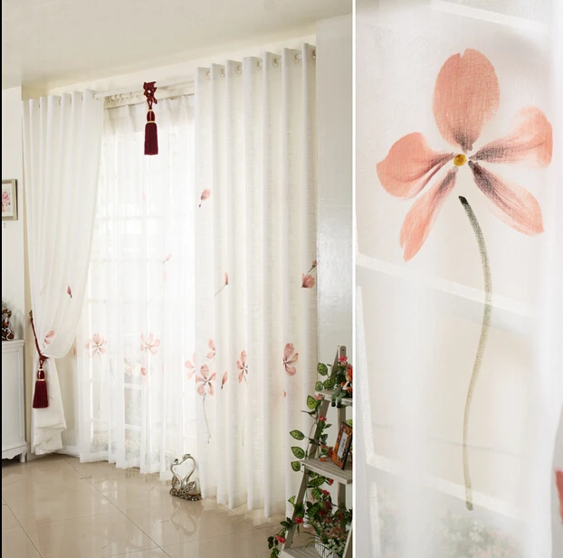 Alta calidad decorada a mano cortinas para sala de estar cortinas para windows blanco flor roja.jpg