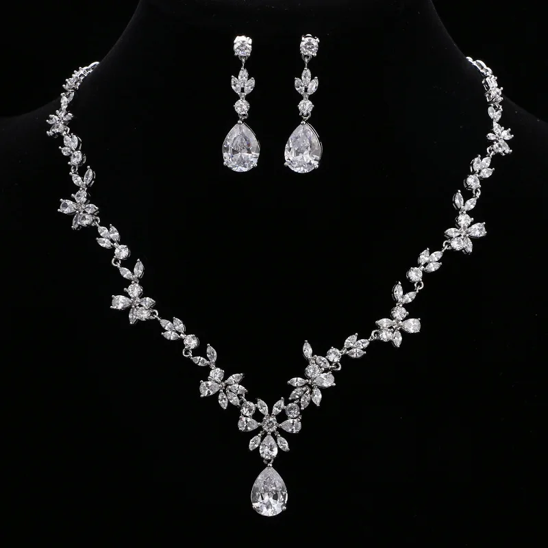 

Luxury Full CZ Necklace Earrings Set Bride Cubic Zircon Jewelry Set Bride Wedding Accessories Bridal Bijoux Mariage Joias NE0001