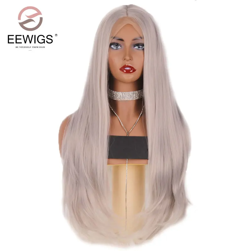 

EEWIGS Ash Grey High Temperature Fiber Deep U Full Hair Wigs Long Natural Straight Synthetic Lace Front Wig For Women
