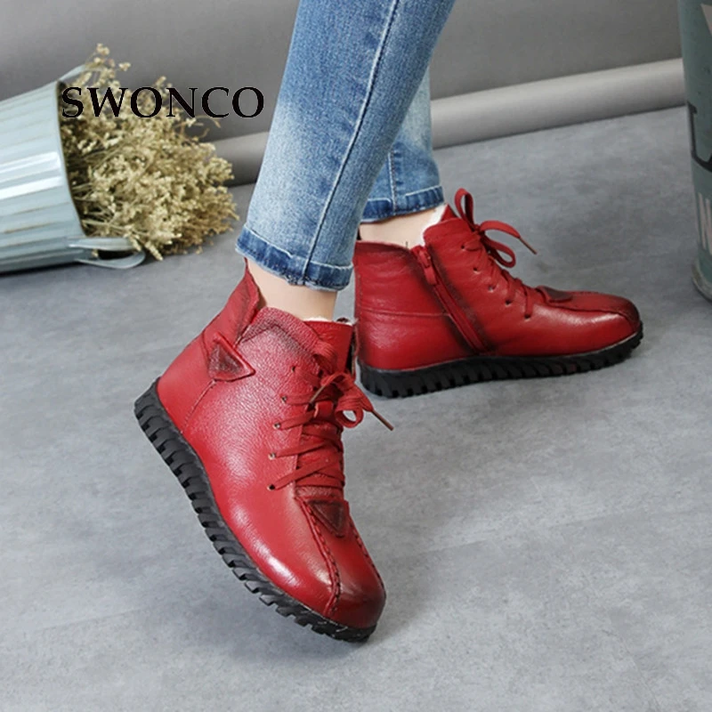 SWONCO Women's Winter Boots Genuine Leather Fur Wool Warm Woman Snow Boot Ankle Boots For Women Black Flat Ladies Shoes Boot Women's Shoes