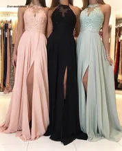 2021 Chiffon Bridesmaid Dresses Long Sexy Side Split Halter Neck Lace Appliques Beaded Simple Wedding Guest Party Gowns Cheap